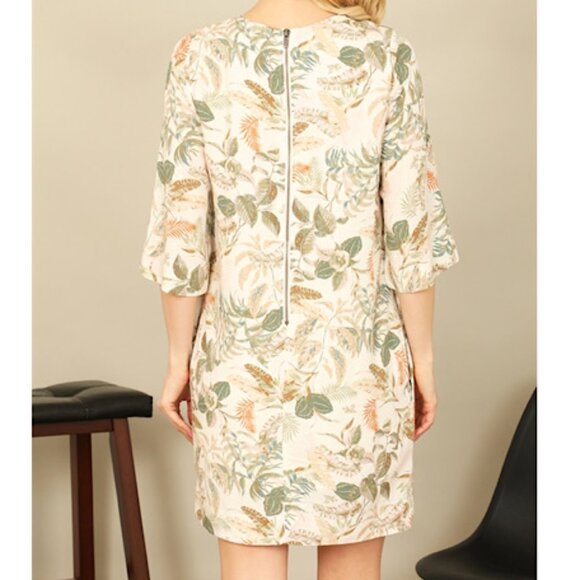 New Women's Cream Green Tropical Print Crew Neck Mini Dress with Side Pockets - Picture 2 of 4